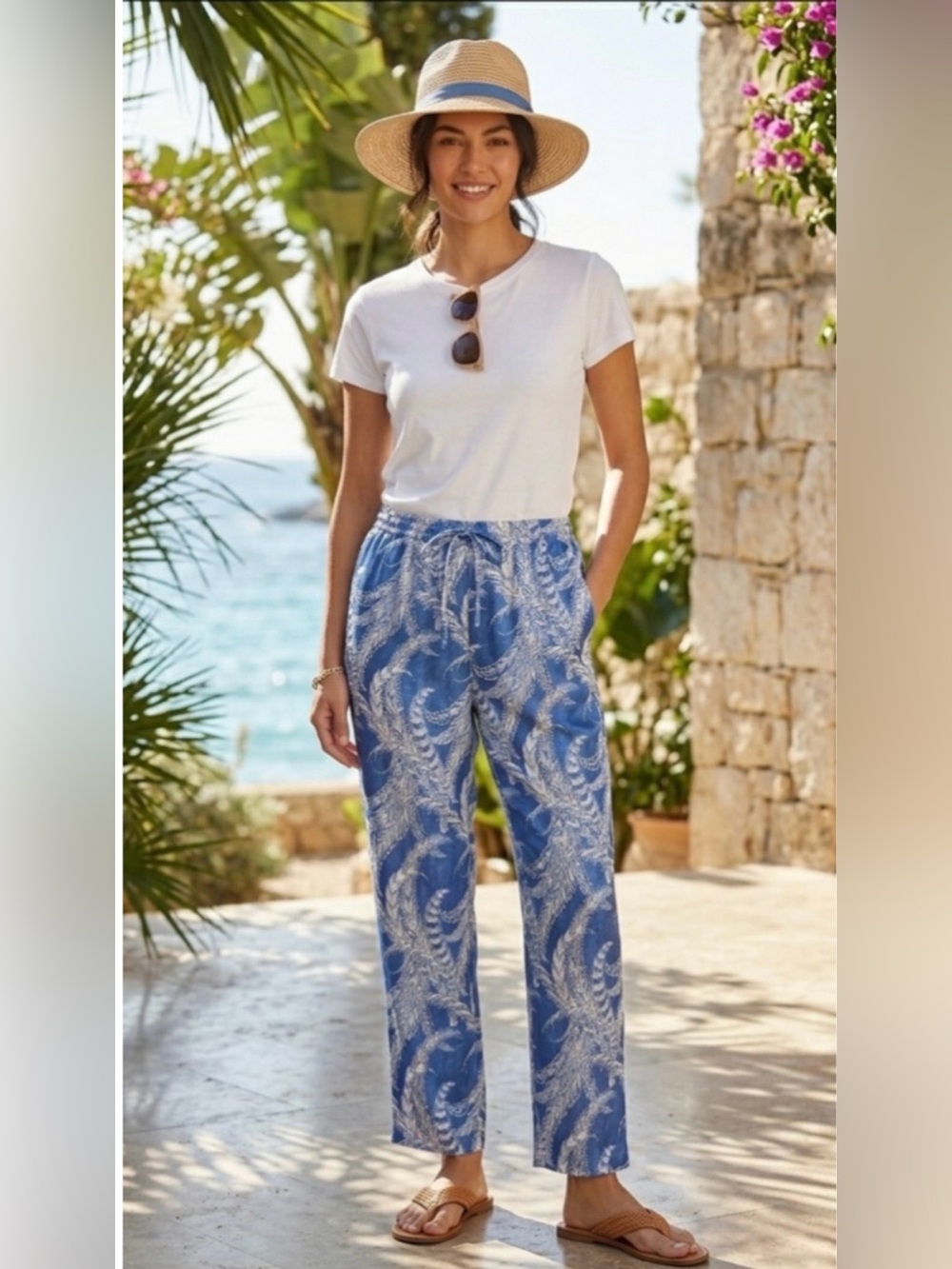 J. McLaughlin Blue Printed Drawstring Wide-Leg Pants
